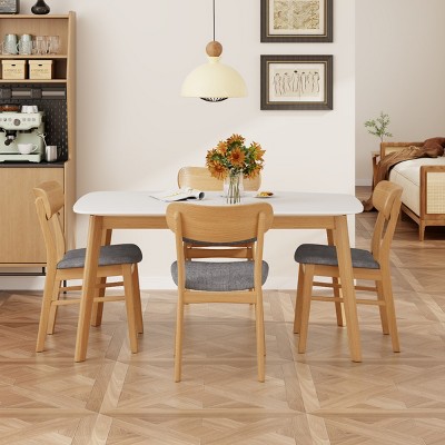 5 PCS Mid-Century Modern Dining Set, Faux Wood Top Dining Table, Dining Chairs with Rubberwood Frame and Polyester Cushion-Coolbibila