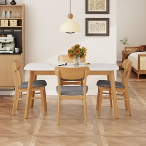 5 PCS Mid-Century Modern Dining Set, Faux Wood Top Dining Table, Dining Chairs with Rubberwood Frame and Polyester Cushion-Coolbibila - 1 of 4