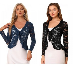 Allegra K Women's Tie Front Ruffled Hem Floral Lace Sheer Crop Bolero Shrug 2 Packs - 1 of 4