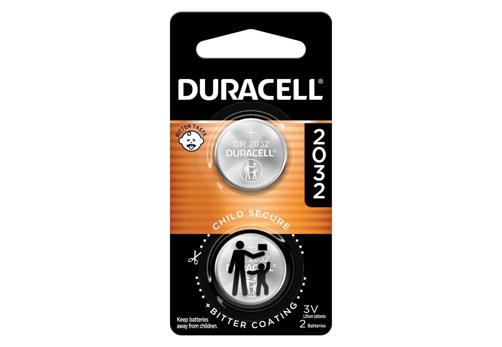 Duracell 2032 Lithium Coin Battery - 2pk Specialty Battery w/ Bitterant Technology: 3V, 265mAh