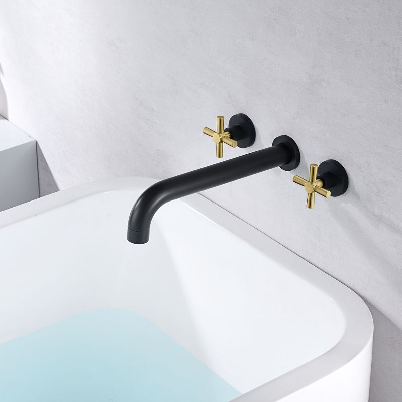 Sumerain Wall Mount Tub Faucet with 2 Cross Handles Black and Gold, Long Spout Reach High Flow, 4 of 9