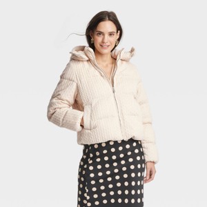 Women's Hooded Cable Puffer Jacket - A New Day™ Cream - 1 of 3