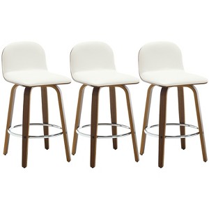 Bekrvio 29" Swivel Bar Stools Set of 3 – Mid-Century Modern Upholstered PU Leather & Walnut Bentwood Legs, for Kitchen Island (White) - 1 of 4