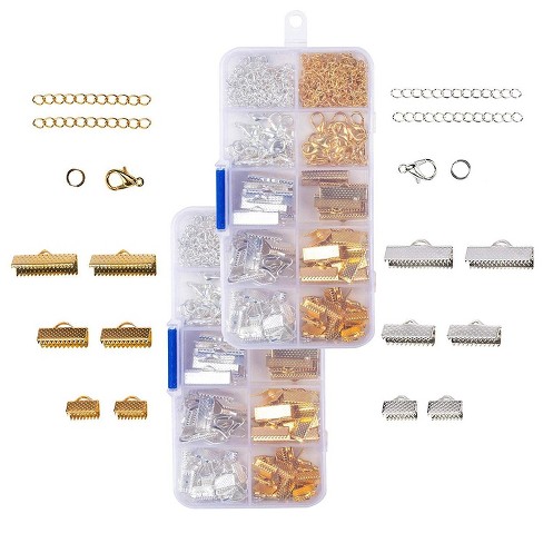 Sunnysam 1000 Pieces Jewelry Findings Kit Iron Fold Over Cord Ends Lobster Claw Clasps Jump Rings Extension Chains for Jewelry Making