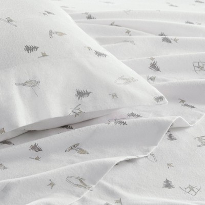 California King Gray Skiers Cotton Flannel Sheet Set
