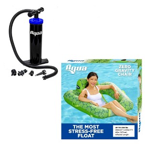 Aqua Leisure Zero Gravity Hammock Style Inflatable Swimming Pool Chair Lounge Float, Green & Heavy Duty Dual Action Hand Pump w/ 4 Nozzle Attachments - 1 of 4
