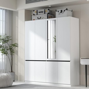 TiramisuBest 4-Door White Armoire Wardrobe with Mirror & 2 Hanging Rods, Wooden Closet Storage Cabinet for Bedroom - 1 of 4