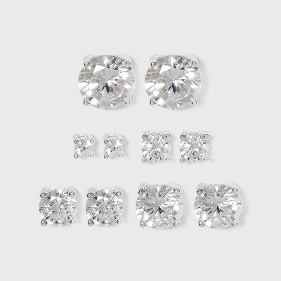 Studs Sterling Cubic Zirconia Earring Set 5pc - Silver/Clear