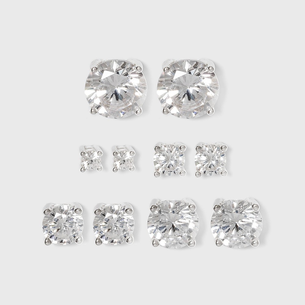 Photos - Earrings Studs Sterling Cubic Zirconia Earring Set 5pc - Silver/Clear