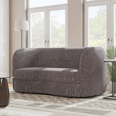 Charcoal Gray Boucle Fabric Curved Loveseat with Wooden Legs