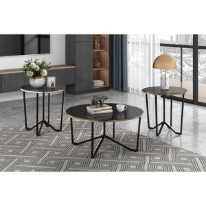 Round Coffee Table and End Tables 3pc Set Black Tempered Glass Top Metal Frame Modern Living Room Furniture - 1 of 1