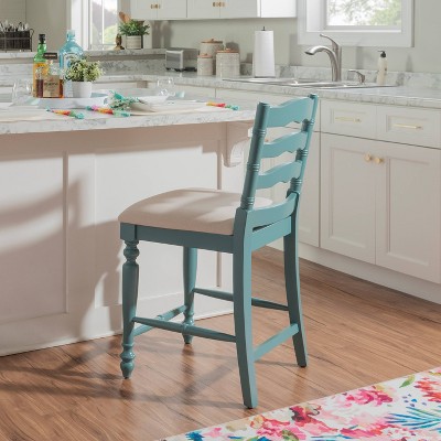 Antique Blue 24" Wood and Metal Counter Stool with Upholstered Seat