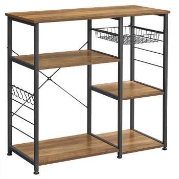 VASAGLE ALINRU Kitchen Baker’s Rack Coffee Bar Microwave Oven Stand 6 Hooks for Mini Oven Rustic Walnut and Black