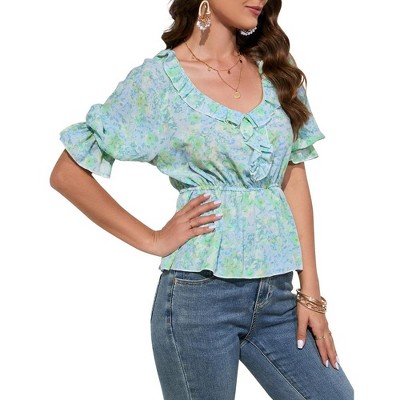 WhizMax Women's Blouse V Neck Half Sleeve Shirts Babydoll Tops Business Casual Lantern Sleeve Tunic Tops