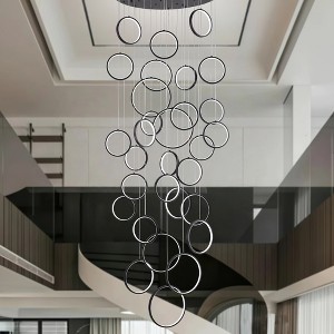 BAOURE 14 Ring High Ceiling Chandelier Foyer, Black Modern LED Large Staircase Long Chandeliers Light Fixture with Remote for Entryway Living Room - 1 of 4