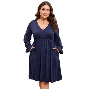 BLUEMING Plus Size Women Dress Faux Wrap V Neck Dress with Ruffle Cuff Bishop Sleeve Fall Midi Dress - 1 of 4
