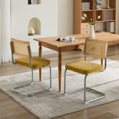 Gold Velvet Dining Chairs with Natural Cane Back and Chrome Base, Set of 2