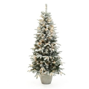 LuxenHome 5Ft Pre-Lit Snow Flocked Slim Fir Potted Artificial Christmas Tree Green - 1 of 4