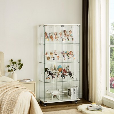 4-Tier Tempered Glass Display Cabinet with Lock & Wheels, Freestanding Storage Cabinet with Acrylic Shelves - ModernLuxe