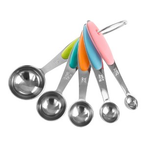Measuring Spoons Set, Stainless Steel with Colored Silicone Handles and Metal Ring Hanger for Baking and Cooking (5 Piece) by Hastings Home - 1 of 4