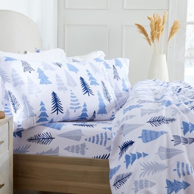 Image of Market & Place Alpine Cotton Flannel Printed Sheet Set Queen Blue Forest