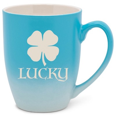 100 North Four Leaf Clover 10 Ounce Blue and White Two Toned Ombre, Comfortably Fits Your Hands, Ceramic Tea Coffee Cup Mug, Lucky