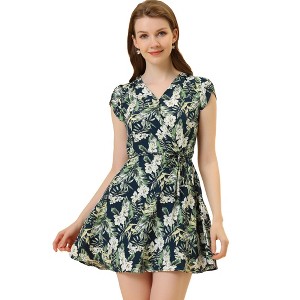 Allegra K Women's Boho Crossover V Neck Petal Sleeves Belted Floral Flowy Dress - 1 of 4