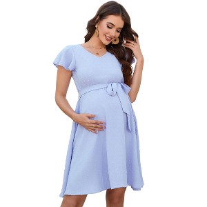 Coolmee Women's Summer Maternity Maxi Dress Short Flutter Sleeve V Neck A-Line Flowy Wedding Guest Long Sundress with Belt - 1 of 4