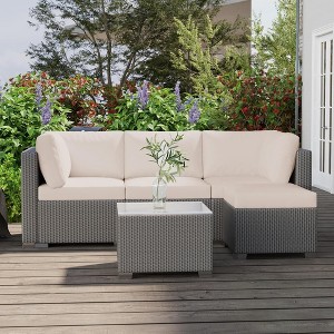Whizmax 5-Piece Patio Rattan Wicker Sofa Set, PE Rattan Conversation Sectional with Back Cushion, Glass Tabletop, Ottoman - Ideal for Courtyard - 1 of 4