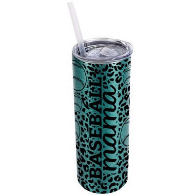 Elanze Designs Leopard Print Turquoise Blue 20 Ounce Double Wall Stainless Steel Glitter Travel Tumbler With Sliding Lid And Straw, Baseball Mom