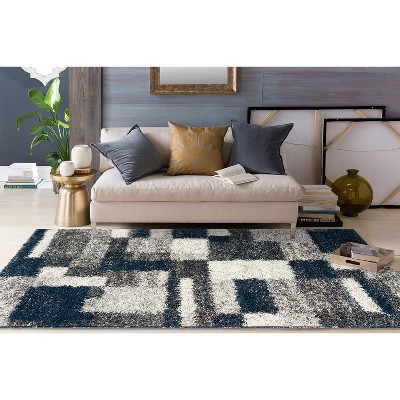 Navy and Gray Rectangular Synthetic Shag Area Rug 7'10" x 10'