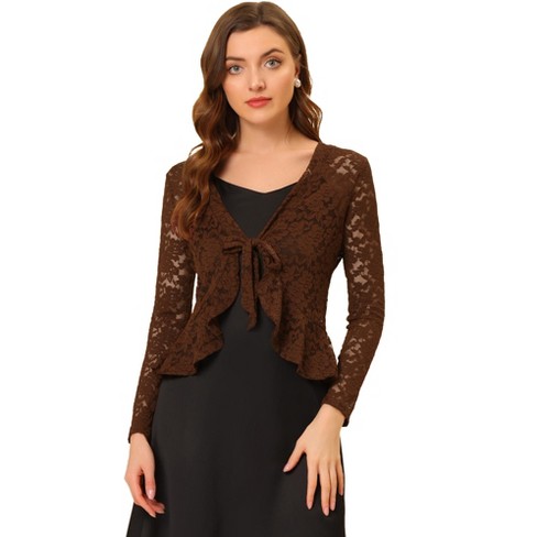 Allegra K Women's Tie Front Crop Cardigan Ruffled Hem Floral Lace Sheer  Shrug Brown X-large : Target