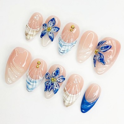 LOVELAY CREATIONS Blue Medium Almond Summer Press-On Nails with 3D Flowers