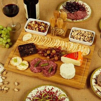 Personalized Bamboo Charcuterie Board Set with Ceramic Bowls and Cheese Tools