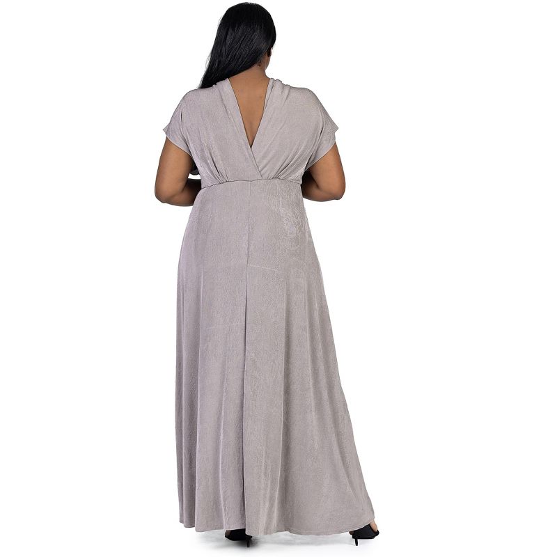 24seven Comfort Apparel Plus Size Flutter Sleeve Metallic Knit Maxi Dress Front Slit Empire Waist, 3 of 7