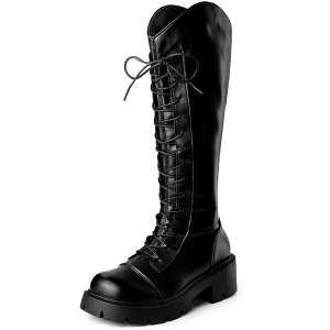 Perphy Women's Platform Lace Up Chunky Heel Knee High Combat Boots - 1 of 3