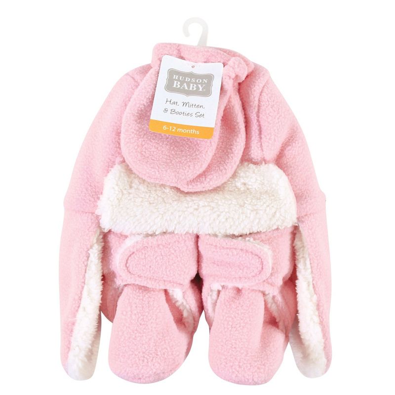 Hudson Baby Infant Girl Trapper Hat, Mitten and Bootie Set, Light Pink, 3 of 8