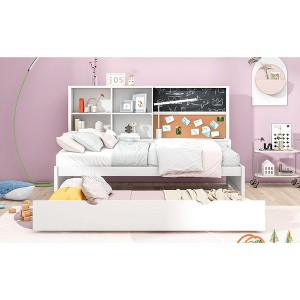MAYEERTY Twin Size Daybed with Storage Shelves, Blackboard, Cork board, USB Ports and Twin Size Trundle, White - 1 of 4