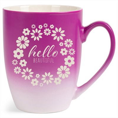 Elanze Designs Flower Wreath Hello Beautiful 12 Ounce Ceramic Laser-Etched Engraved Drinkware Mug, Fuchsia and White Ombre
