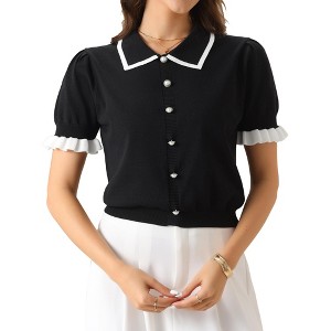 INSPIRE CHIC Women's Contrast Trim Short Puff Sleeve Pearl button Decor Turndown Collar Blouse - 1 of 4