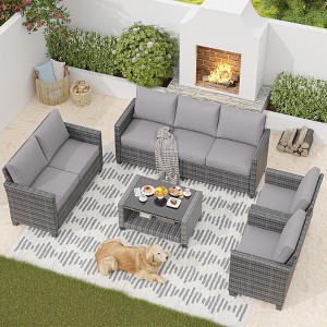 5-Piece Rattan Patio Furniture Set - 7-Seat Outdoor Furniture Sectional Sofa with Storage Table, Wicker Patio Furniture Set with Cushions - 1 of 4