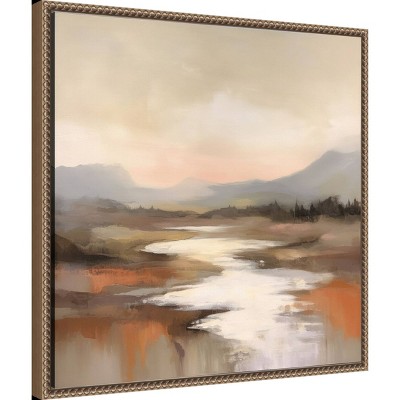 Peaceful Earth Tones River View Canvas Print with Brown Frame