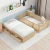 Twin/Full Size Wood Daybed with Fence Guardrails and 2 Drawers, Split into Independent Floor Bed & Daybed-ModernLuxe - 2 of 4