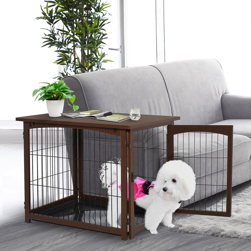 PawHut Wooden Decorative Dog Cage Pet Crate with Fence Side Table Small Animal House and Tabletop, Brown, 3 of 10
