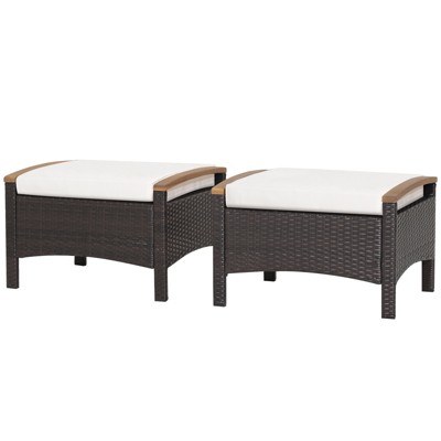 Tangkula Outdoor PE Wicker Ottoman Set of 2 Patio Rattan Footrest Seat with Soft Cushions & Curved Acacia Wood Handles Beige/Navy Blue/Red/Off White