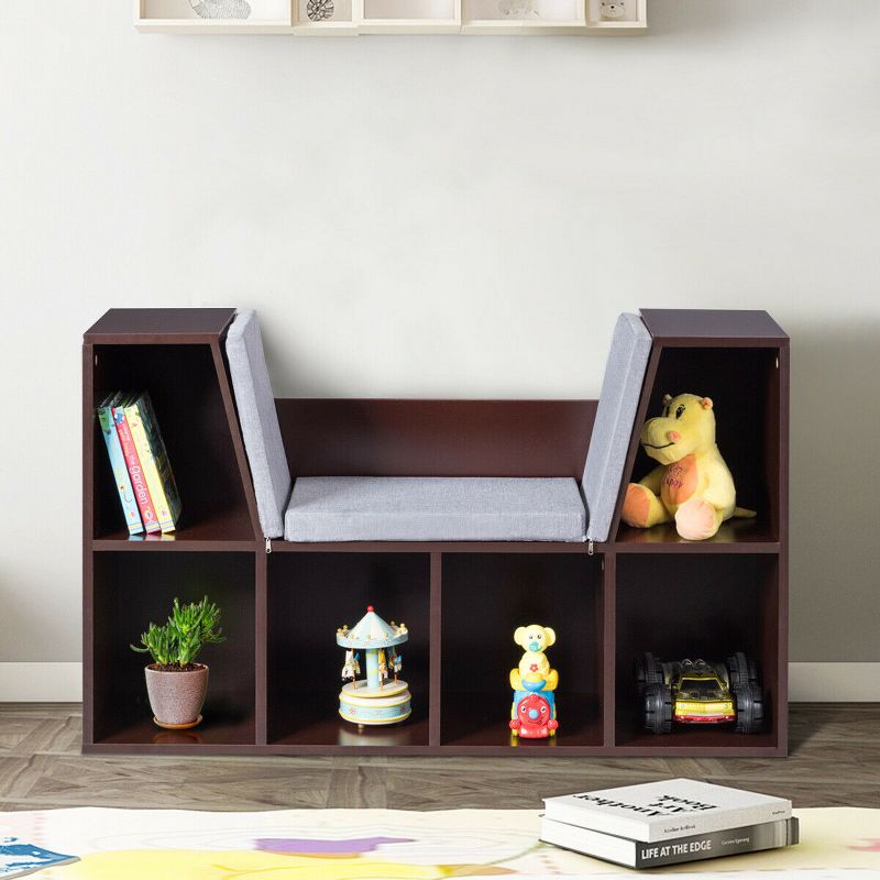 Costway 6 Cubby Kid Storage Cabinet Cushioned Bookcase Multi-Purpose Reading Shelf Brown, 5 of 11