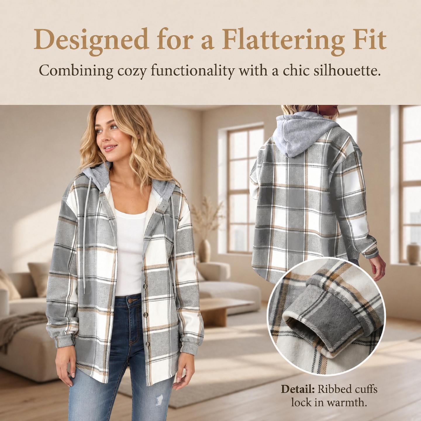 Женские куртки mysuntown Plaid Hooded Jackets for Women, Fleece Lined Winter Coat with Drawstring, Single Breasted Casual Outerwear — фото 5