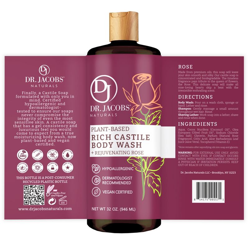 Dr Jacobs Naturals Rich Castile Rose  Body Wash Hypoallergenic Vegan Sulfate-Free Paraben-Free Dermatologist Recommended 32oz - Rose, 4 of 10