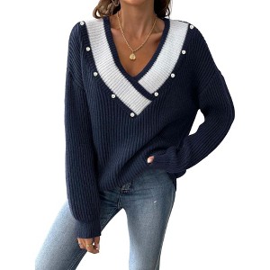 Coolmee Women's V Neck Sweaters Long Sleeve Lightweight Knit Pullover Tops with Decorative Buttons - 1 of 4
