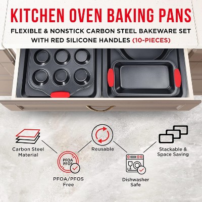 BAKKEN Nonstick Carbon Steel Bakeware Set with Red Silicone Handles, 18 Pieces